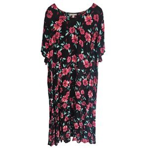 Woman Within 2X 26/28 Maxi Dress Black Pink Floral Crinkle‎ Rayon Flowy Casual